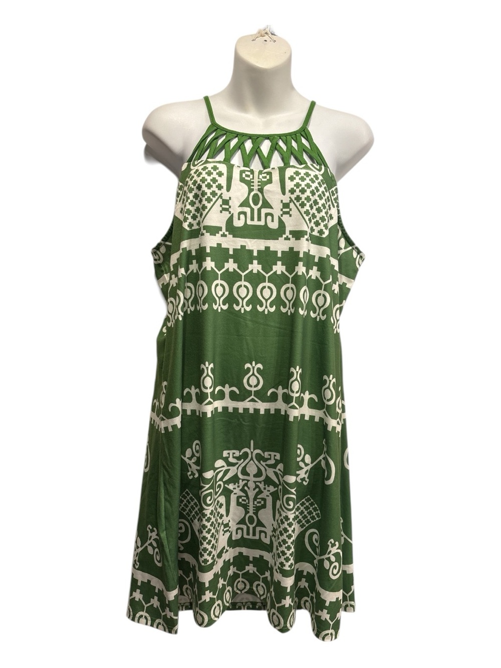 Green Printed Halter Mini Dress with Lattice Yoke size XL